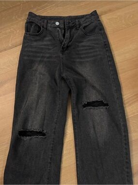 Black Distressed Straight Leg Jeans